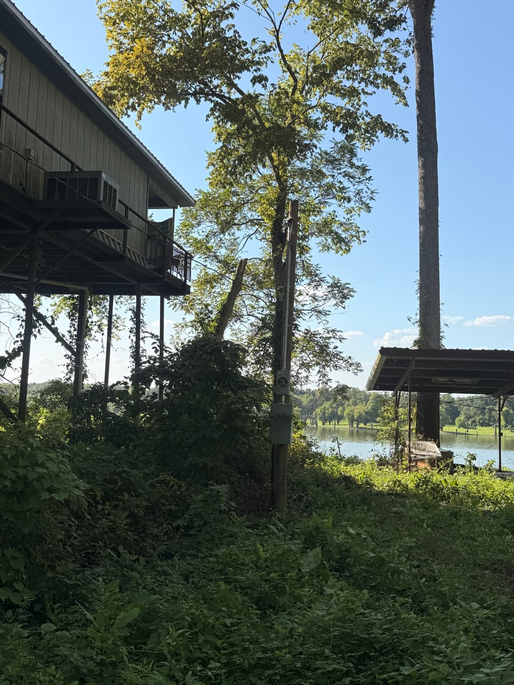 Electrical service pole and enclosure at a rural lakeside property